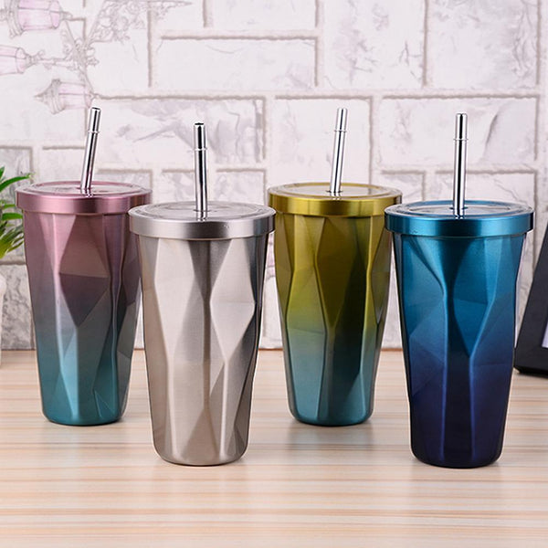 Rainbow Colorful Stainless Steel Cup With Drinking Straw